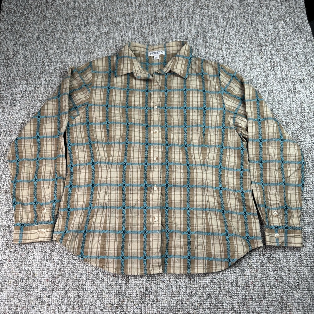 Pendleton Shirt Womens Large Plaid Button Up Cotton Brown Tan Blue Outdoors
